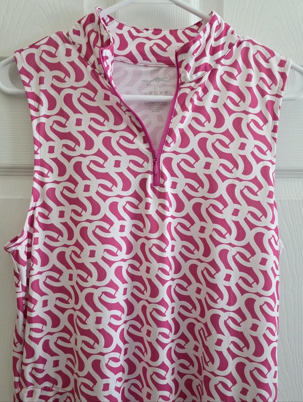 Gottex Large Sundress Pink White 1/4 Zip Pockets Ruffle Hem